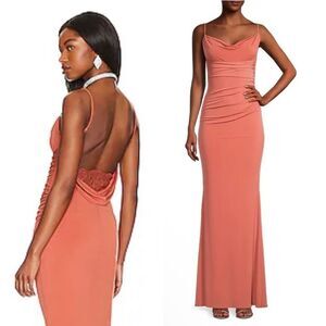 Katie May Surreal Gown Rust maxi dress drape back slip wedding guest Revolve M